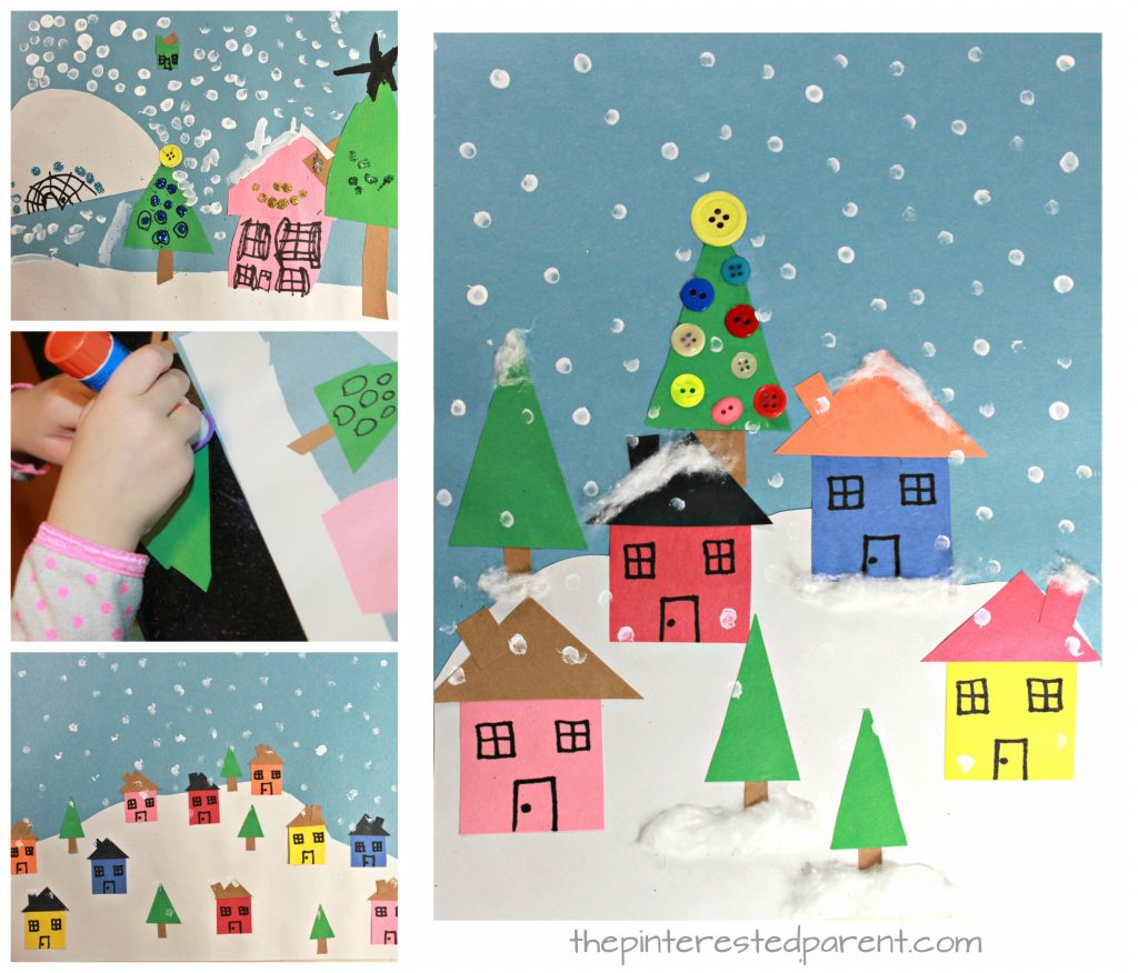 Create these lovely winter Christmas villages with simple shapes and craft materials. Kid's arts and crafts for the holidays with construction paper. Christmas villages with houses, trees and snow