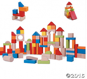 Wooden Building blocks from Oriental Trading. Great introductory to engineering, colors and shapes for kids.