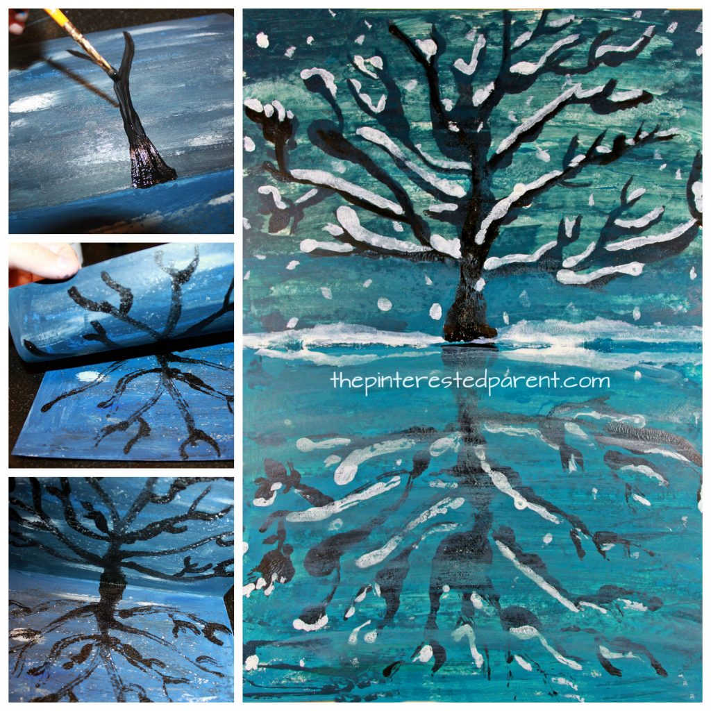 Try this step by step paint and fold print reflection landscape. Winter snowy tree and lake painting. A great art project for kids or adults. Arts and crafts.