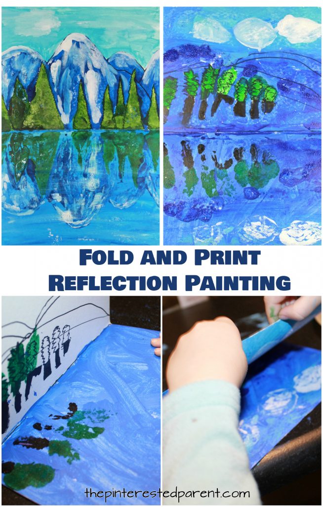 Try this step by step paint and fold print reflection landscape. Winter mountain lake painting. A great art project for kids or adults. Arts and crafts.