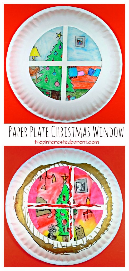 Paper plate sun catcher Christmas window scene. holiday and winter arts and crafts for the kids. Wax paper and SHarpies