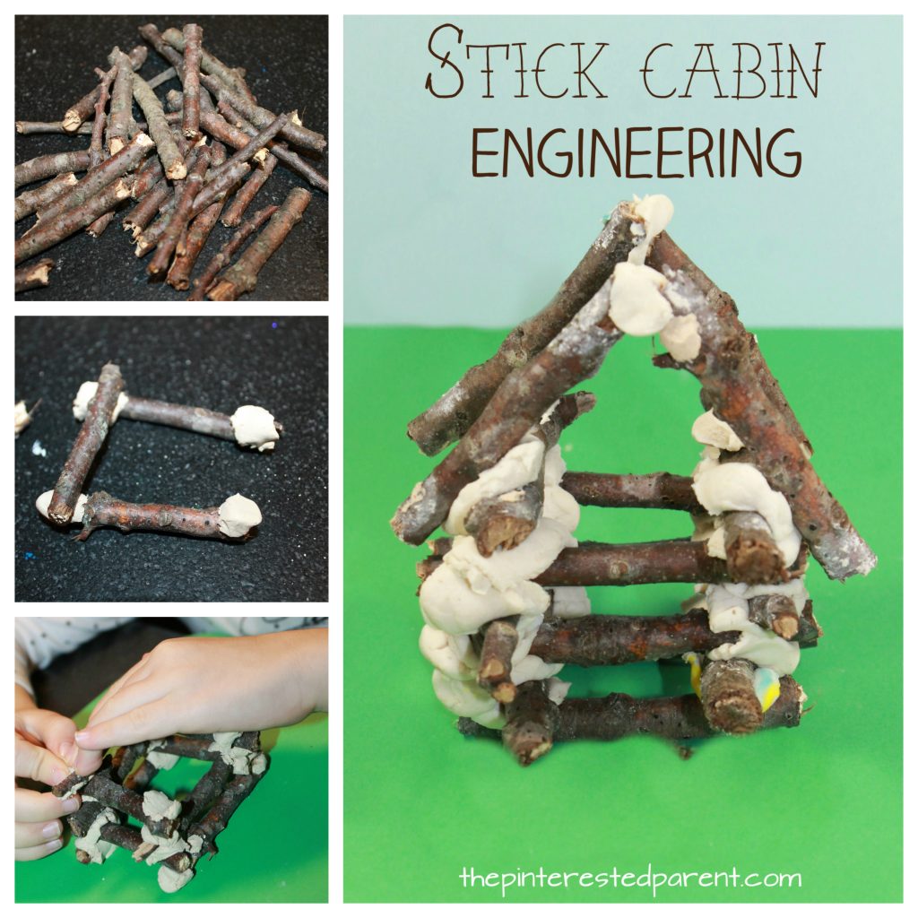 Nature engineering for kids. Construct a stick log cabin. Build with sticks and play dough