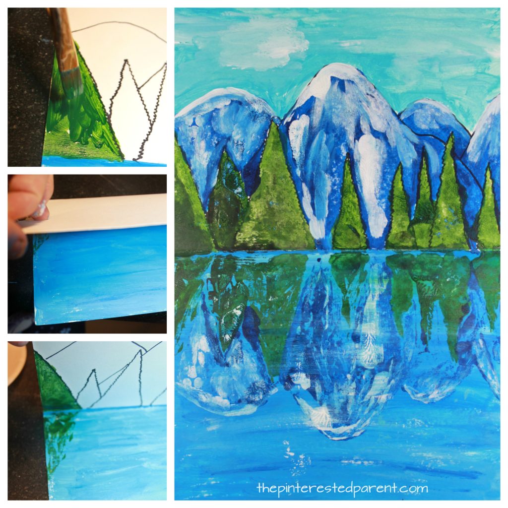 Try this step by step paint and fold print reflection landscape. Winter mountain lake painting. A great art project for kids or adults. Arts and crafts.