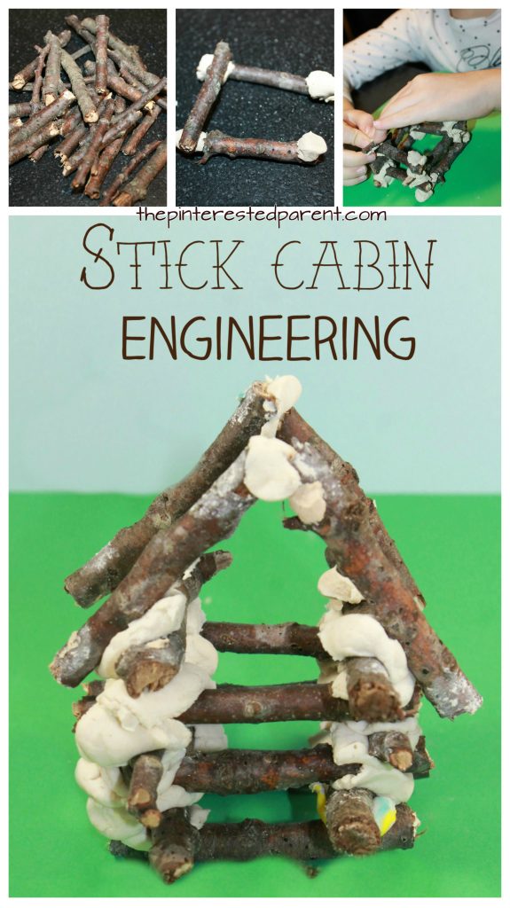 Nature engineering for kids. Construct a stick log cabin. Build with sticks and play dough