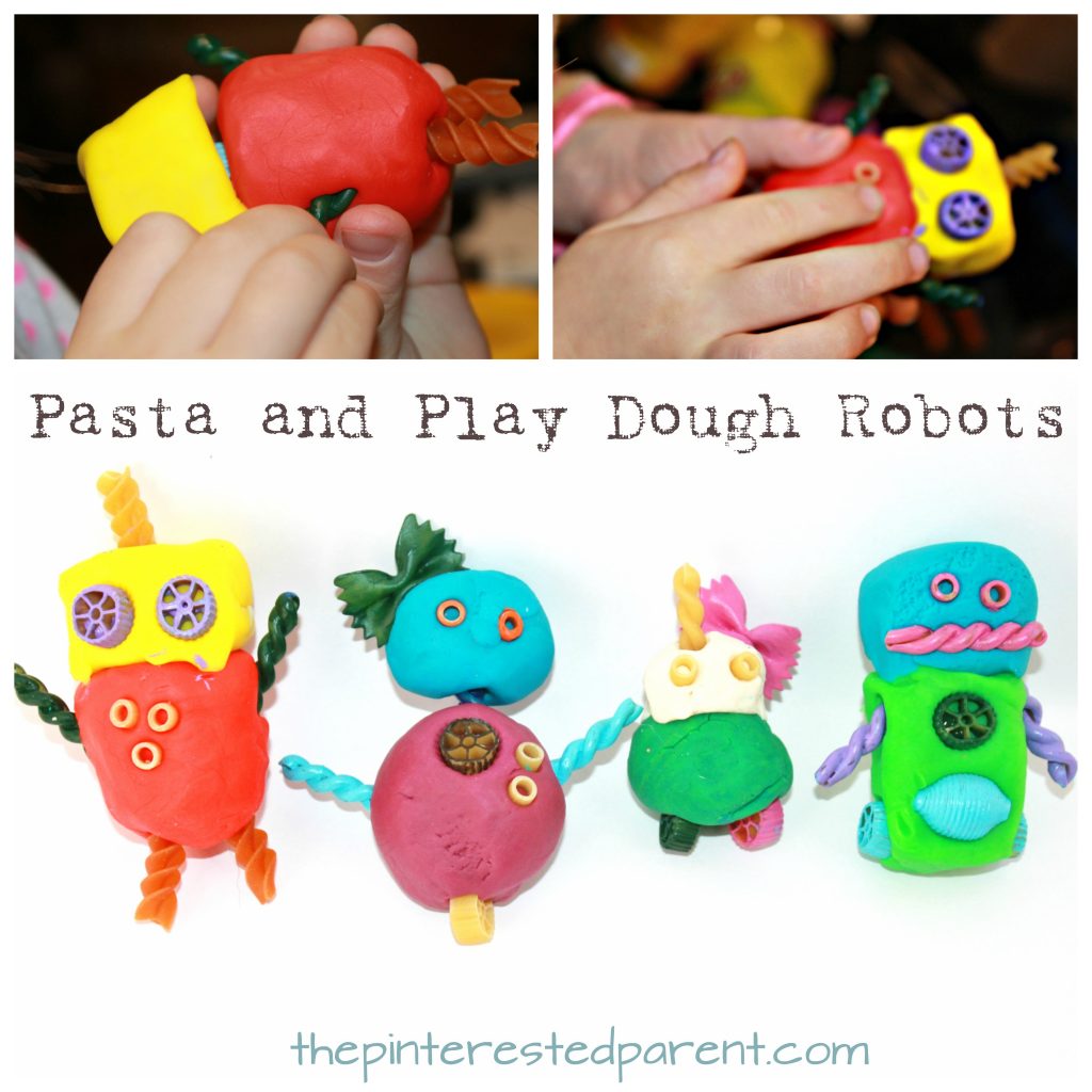 Pasta and play dough or clay robots. Arts and crafts for kids and preschoolers.