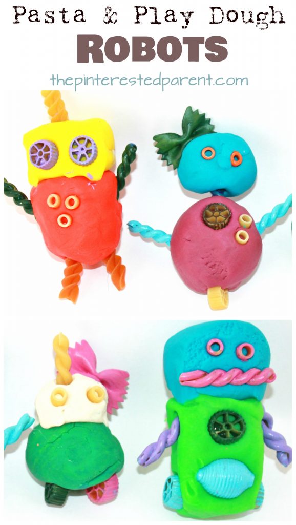 Pasta and play dough or clay robots. Arts and crafts for kids and preschoolers.