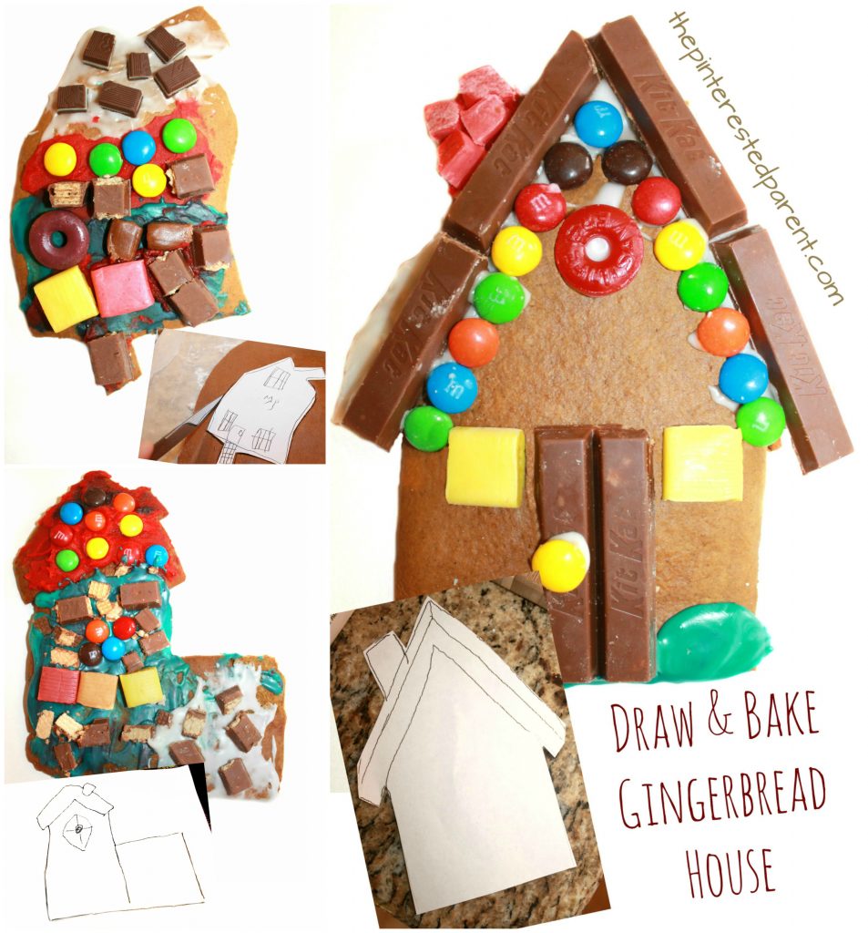 Draw and bake your own gingerbread house. This is a fun idea for the kids for Christmas or winter. This would be great for a party. Holiday arts and crafts for preschoolers or kids. Baking, cooking with kids