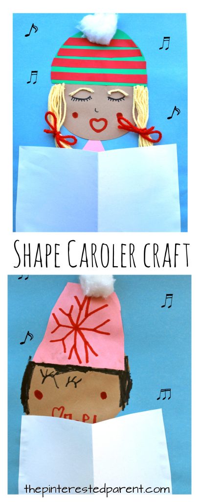Make these adorable Christmas carolers with simple paper shapes. Holiday and winter arts and crafts for kids. Add yarn or cotton balls for extra embellishment for winter hats or scarves. 