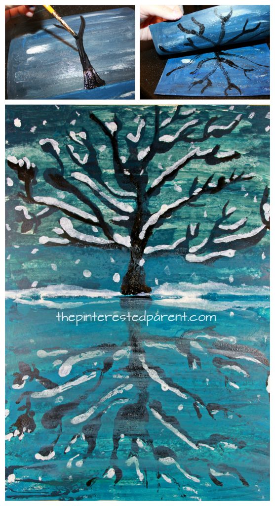 Try this step by step paint and fold print reflection landscape. Winter snowy tree and lake painting. A great art project for kids or adults. Arts and crafts.