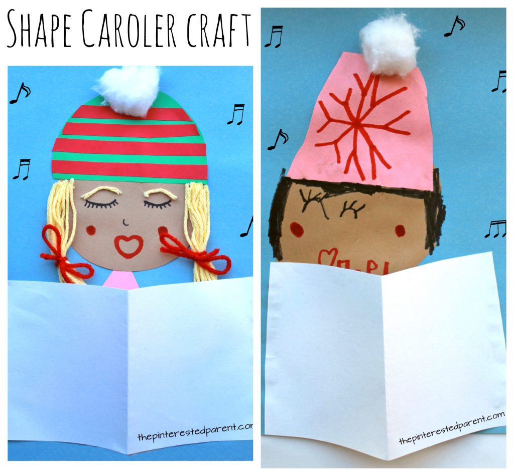 Make these adorable Christmas carolers with simple paper shapes. Holiday and winter arts and crafts for kids. Add yarn or cotton balls for extra embellishment for winter hats or scarves.