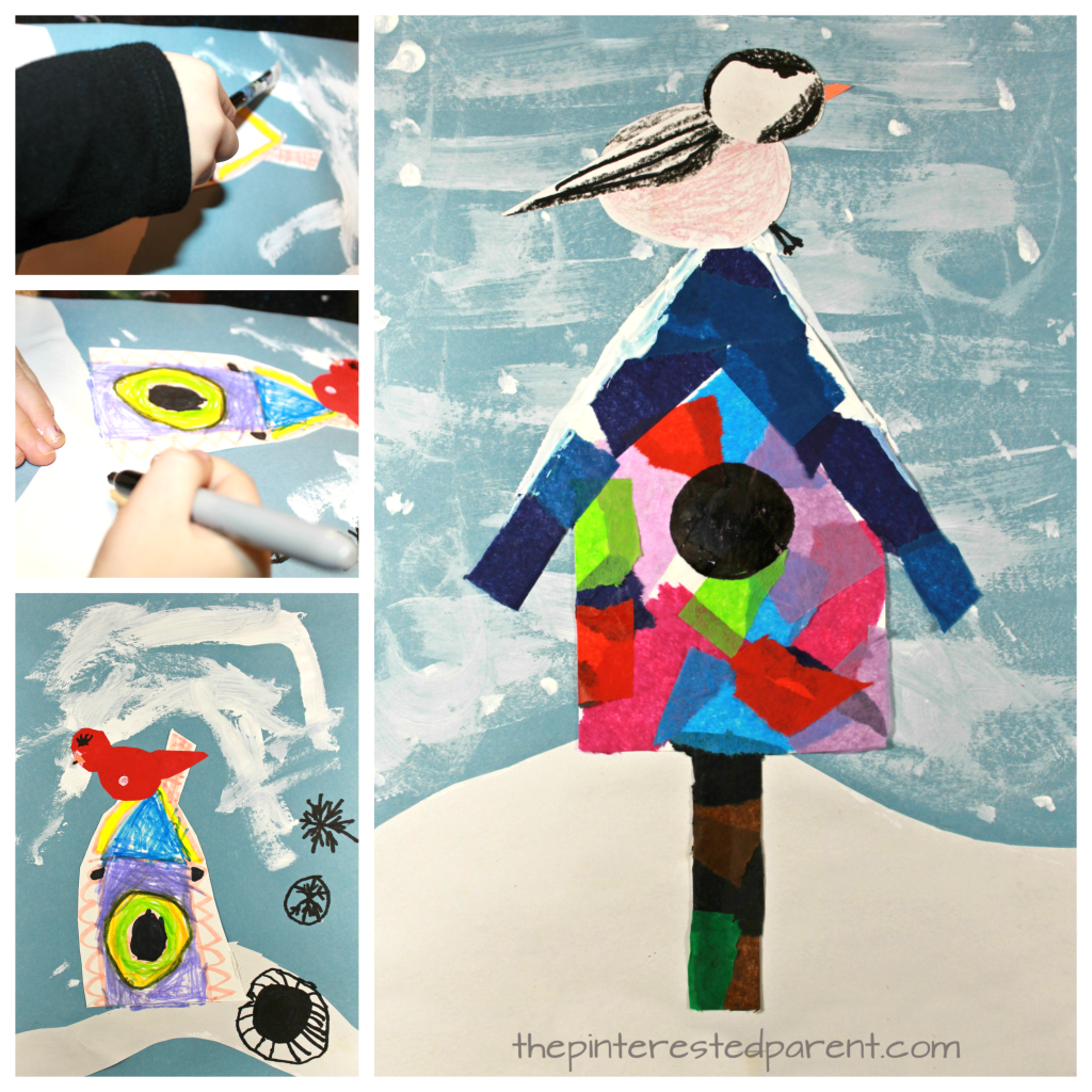 Mixed media art birdhouse with chickadee or a cardinal - Use tissue paper, acrylics, watercolors, crayons, markers or construction paper to build this pretty winter / Christmas scene. Kid's and preschooler's arts and crafts