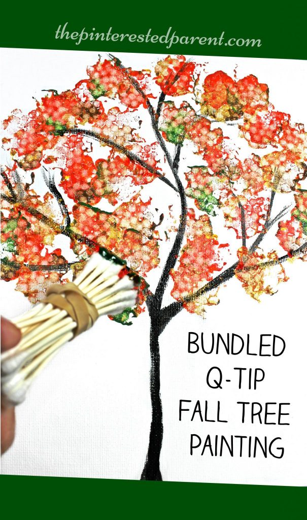 Easy Bundled Q-tip stamped tree paintings for every season. Winter, spring, summer and fall arts and craft project for kids. Make cherry blossoms or beautiful autumn leaves. Great for toddlers or preschoolers