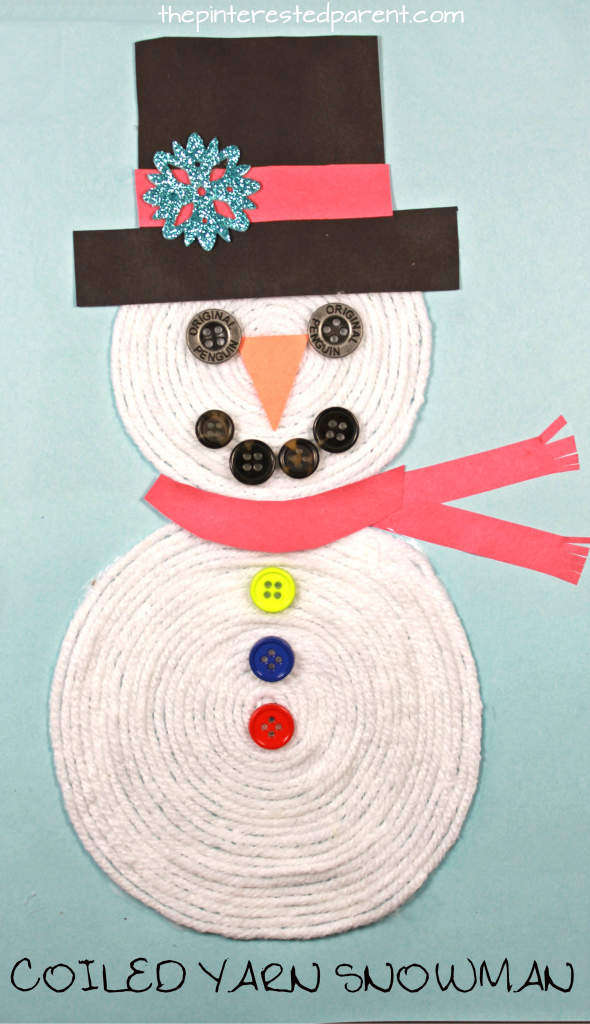 Coiled Yarn Snowman Craft - kid's arts and crafts for Christmas and winter. A great fine motor skill activity. Button embellishments