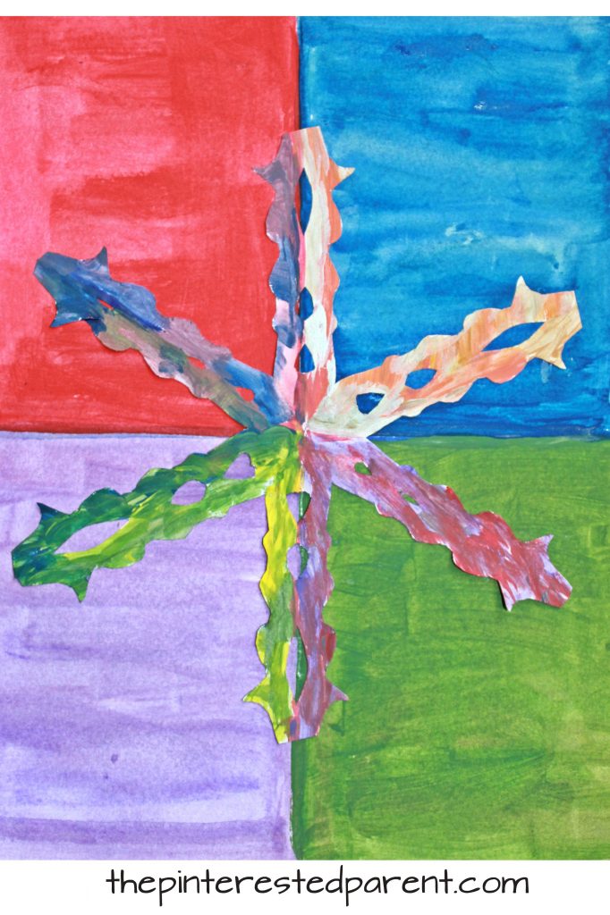 Snowflake pop art watercolor painting for kids. Kids holiday and winter arts and craft. I love the abstract look to this.