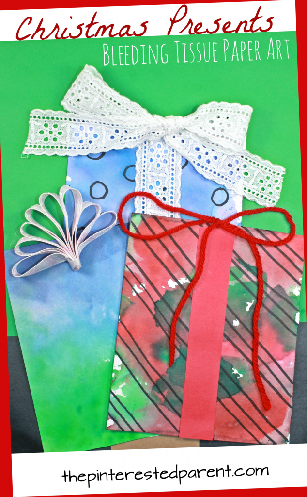 Bleeding tissue paper painted Christmas presents and gifts. Pretty arts and crafts project for the kids during the holiday season. Watercolors would work nicely as well.