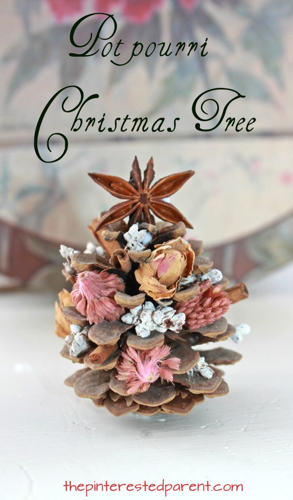 Pine Cone and potpourri Christmas tree. Simple craft project that smells lovely. This is one that you could do with the kids as well. Winter arts and crafts projects with nature