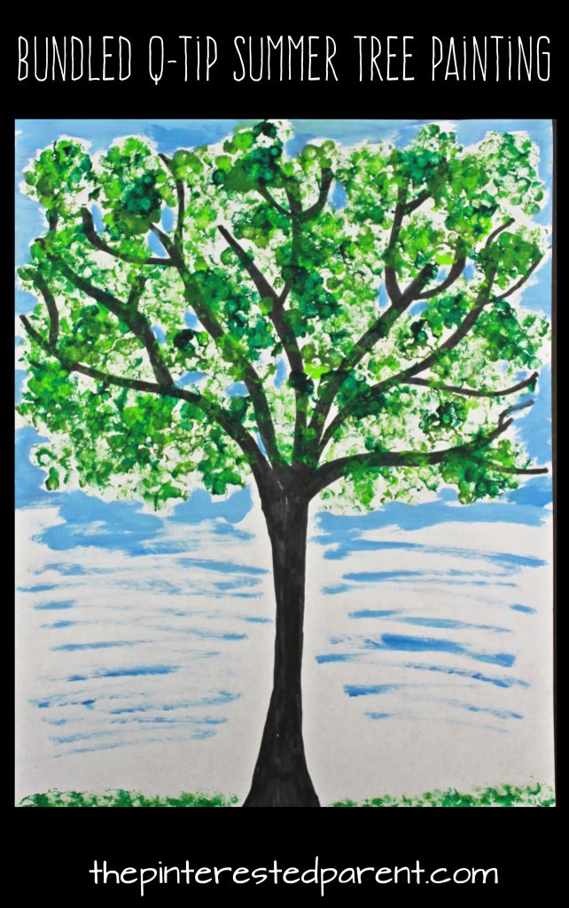 Easy Bundled Q-tip stamped summer tree paintings. Check out our trees for every season. Winter, spring, summer and fall arts and craft project for kids. Make cherry blossoms or beautiful autumn leaves. Great for toddlers or preschoolers