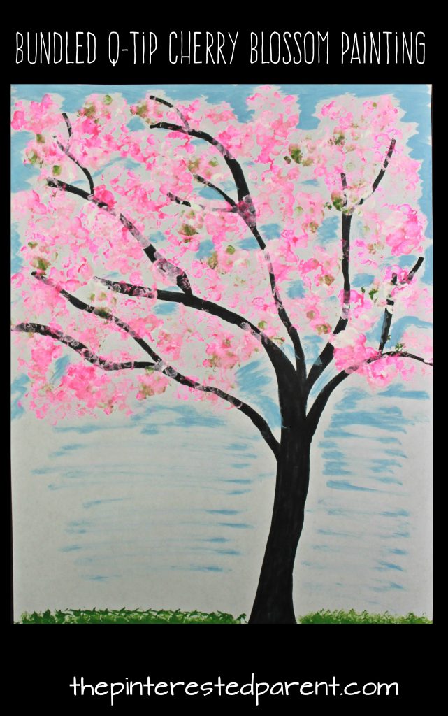 Easy Bundled Q-tip stamped spring Cherry blossom tree paintings. Check out our trees for every season. Winter, spring, summer and fall arts and craft project for kids. Make cherry blossoms or beautiful autumn leaves. Great for toddlers or preschoolers