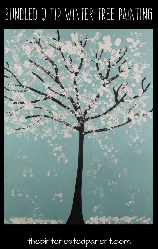 Easy Bundled Q-tip stamped snowy winter tree paintings. Check out our trees for every season. Winter, spring, summer and fall arts and craft project for kids. Make cherry blossoms or beautiful autumn leaves. Great for toddlers or preschoolers