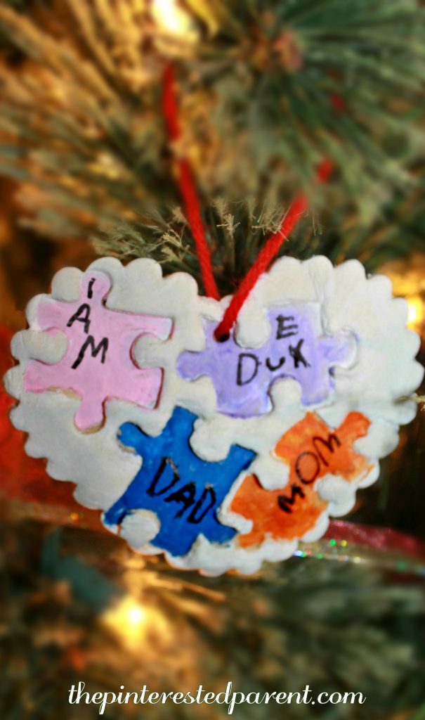 Pieces of my heart salt dough puzzle piece ornaments that kids can actually make. Christmas arts and crafts. This is a sweet handmade gift that your children can make for the family.