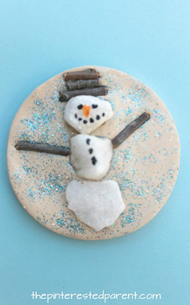 Sticks and stones snowman winter nature crafts - use clay, salt dough or play dough to set these pretty seasonal arts and crafts projects for kids, rock snowman, twig snowflake & Christmas tree