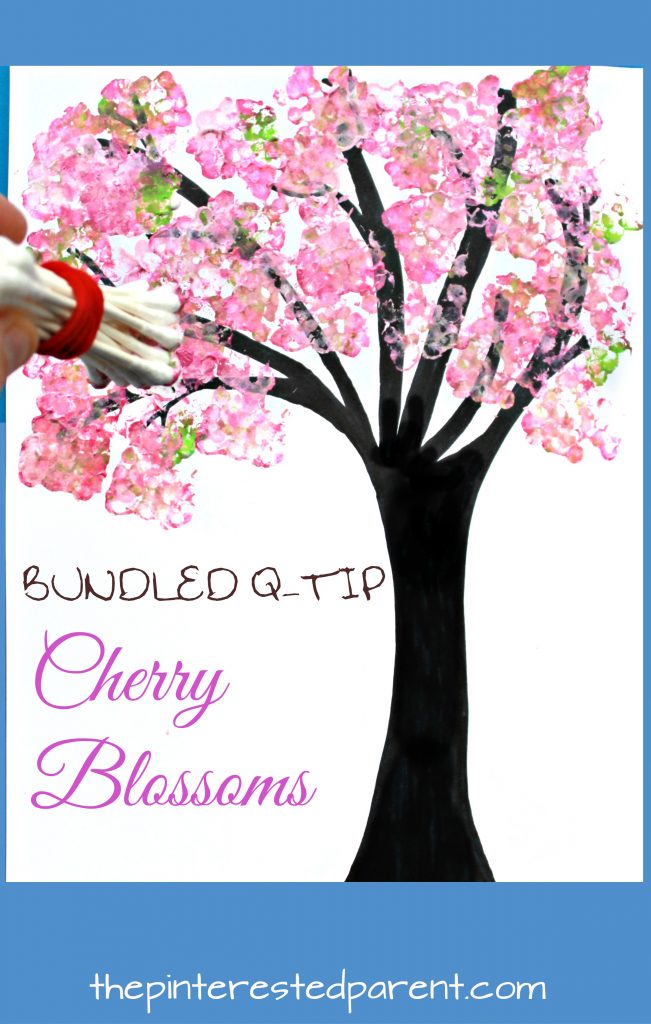 Easy Bundled Q-tip stamped spring Cherry blossom tree paintings. Check out our trees for every season. Winter, spring, summer and fall arts and craft project for kids. Make cherry blossoms or beautiful autumn leaves. Great for toddlers or preschoolers