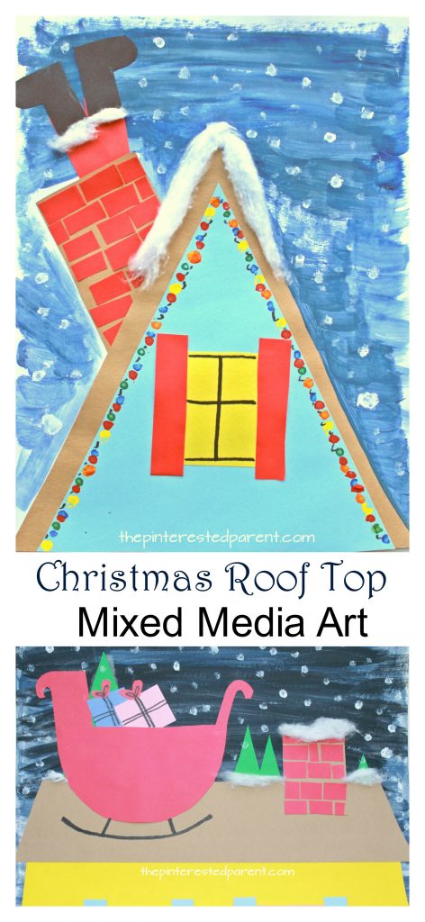Up on the roof top Christmas and winter artwork - mixed media arts and crafts projects for kids - paint, construction paper