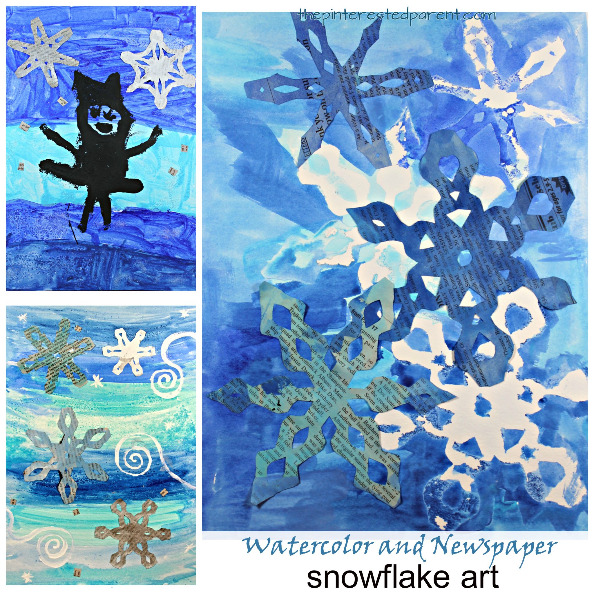Newspaper and watercolor paintings for kids. Winter arts and crafts for kids, Resist painting and salt sprinkled mixed media with watercolors, newspaper and acrylics