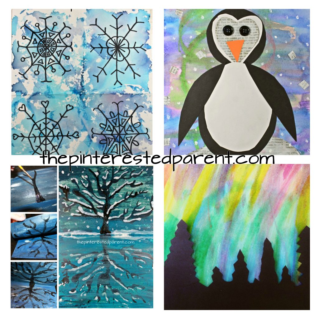 11 beautiful art projects for kids for the winter and Christmas. Holiday arts and crafts projects, painting, mixed media, watercolor, shape crafts