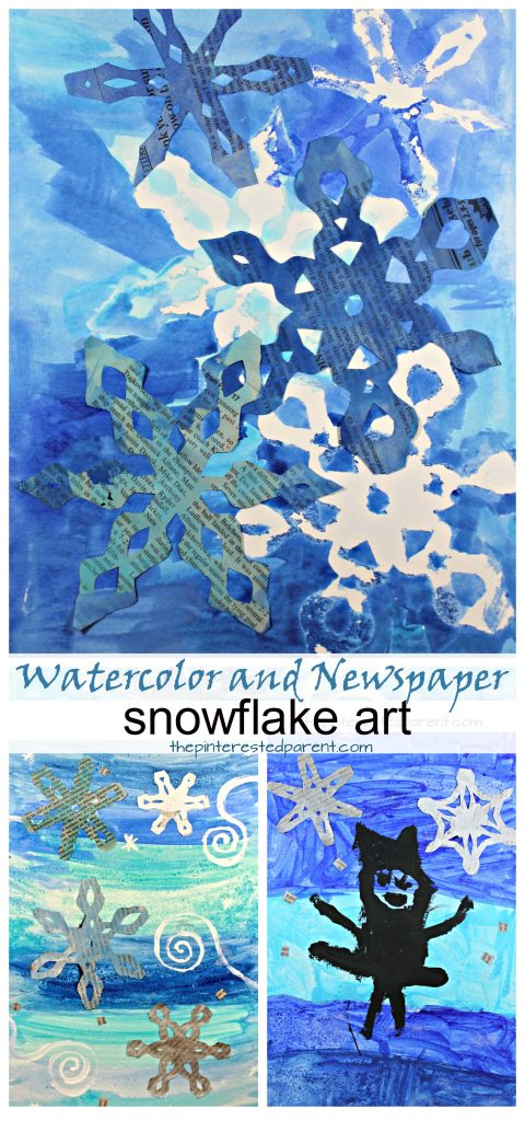Newspaper and watercolor paintings for kids. Winter arts and crafts for kids, Resist painting and salt sprinkled mixed media with watercolors, newspaper and acrylics