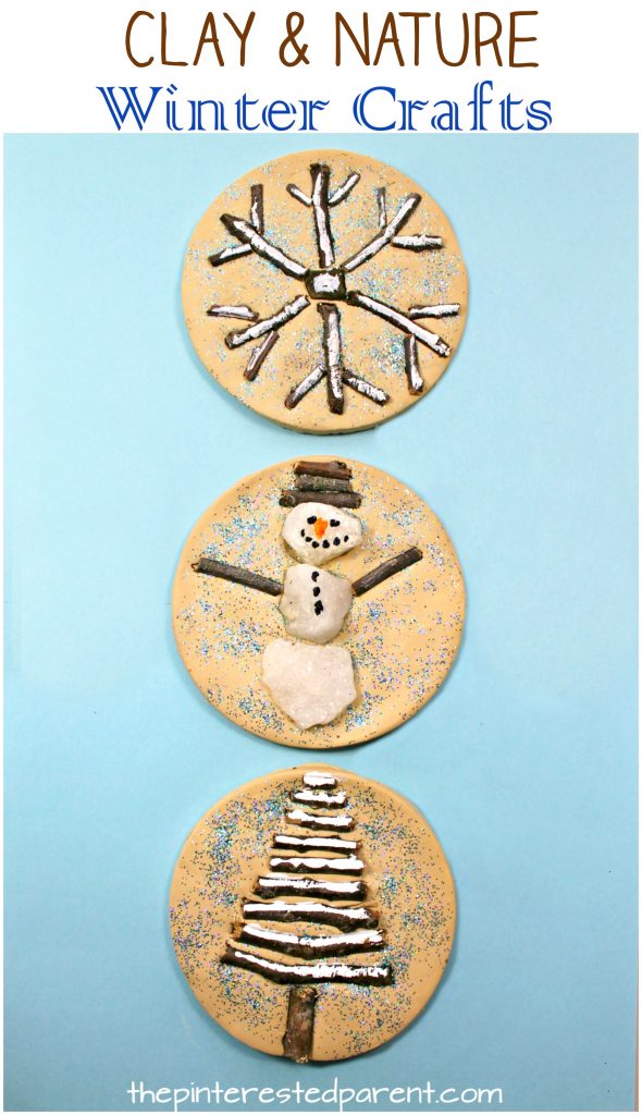 Sticks and stones winter nature crafts - use clay, salt dough or play dough to set these pretty seasonal arts and crafts projects for kids, rock snowman, twig snowflake & Christmas tree
