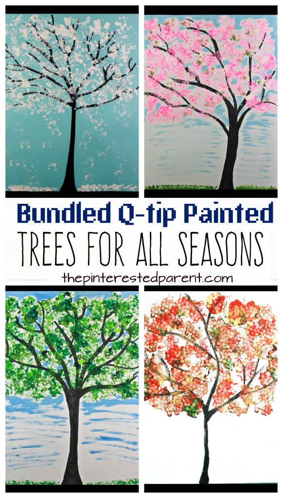 Easy Bundled Q-tip stamped tree paintings for every season. Winter, spring, summer and fall arts and craft project for kids. Make cherry blossoms or beautiful autumn leaves. Great for toddlers or preschoolers