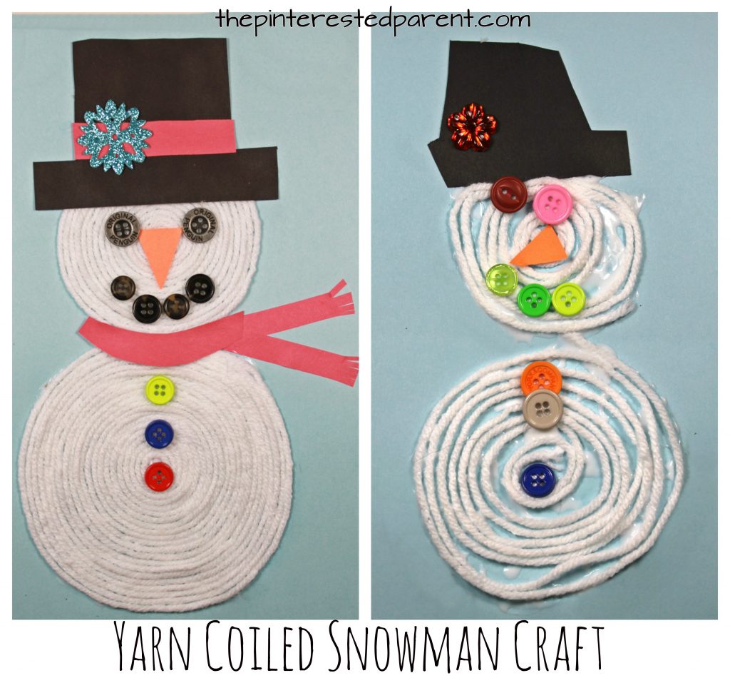 Coiled Yarn Snowman Craft - kid's arts and crafts for Christmas and winter. A great fine motor skill activity. Button embellishments