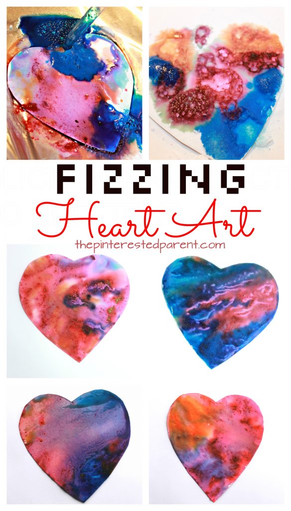 Fizzing heart baking soda and vinegar heart paint eruptions. Science and art fun for kids perfect for Valentines Day or any time. Also great for fine motor skills. Arts and crafts activities for kids & toddlers.