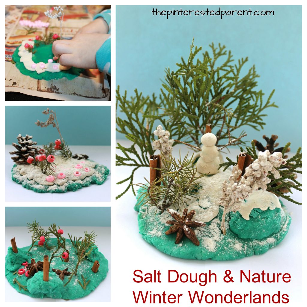Build a beautiful winter wonderland with salt dough and nature materials and potpourri. A wonderful activity for the winter and Christmas. Kid's arts and crafts and sensory for toddlers and preschoolers. 