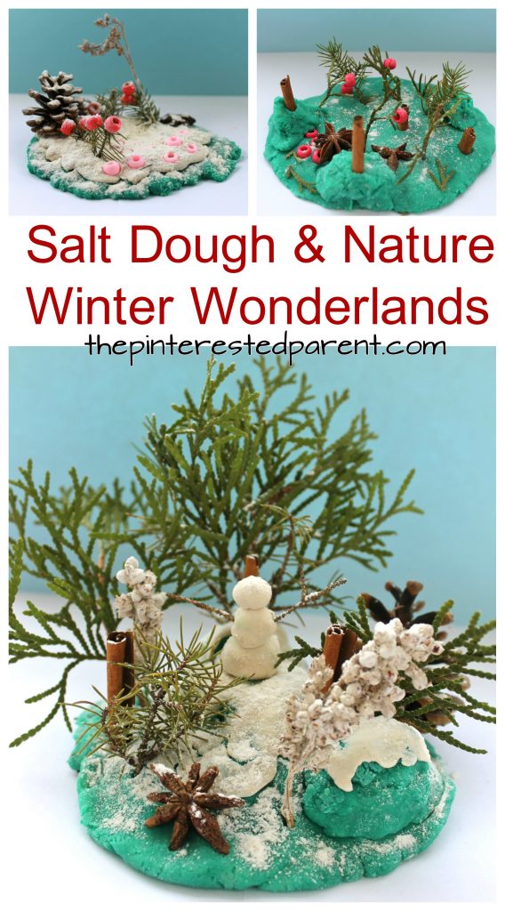 Build a beautiful winter wonderland with salt dough and nature materials and potpourri. A wonderful activity for the winter and Christmas. Kid's arts and crafts and sensory for toddlers and preschoolers. 