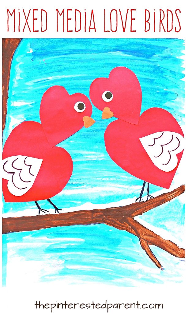 Mixed media heart shaped love birds for Valentine's Day. Watercolor, acrylic paint and construction paper and markers.