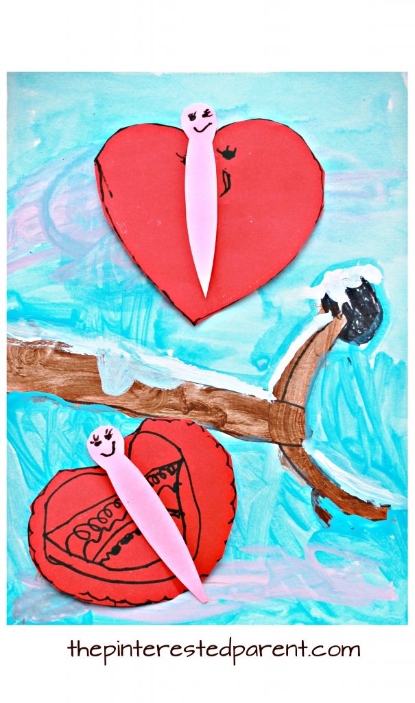 Mixed media heart shaped love butterflies and birds for Valentine's Day. Watercolor, acrylic paint and construction paper and markers. Arts and crafts for kids