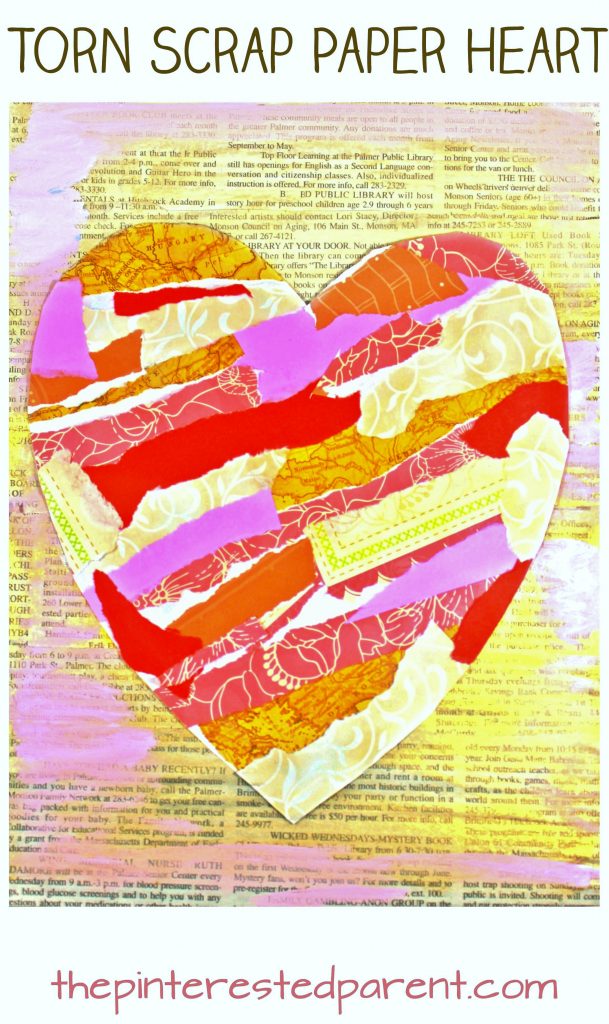 Torn scrap book paper heart craft for kids. Easy & pretty Valentine's mixed media art project for preschoolers and kids. Painted newspaper arts & crafts