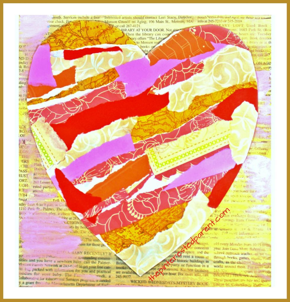 Torn scrap book paper heart craft for kids. Easy & pretty Valentine's mixed media art project for preschoolers and kids. Painted newspaper arts & crafts