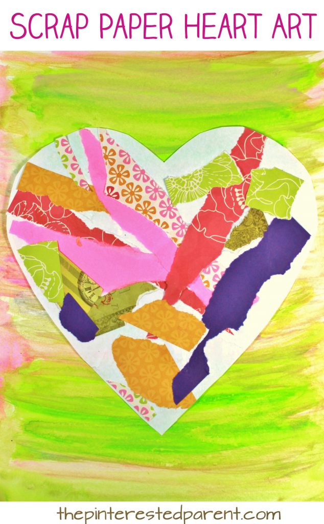 Torn scrap book paper heart craft for kids. Easy & pretty Valentine's Day mixed media art project for preschoolers and kids. Painted newspaper arts & crafts