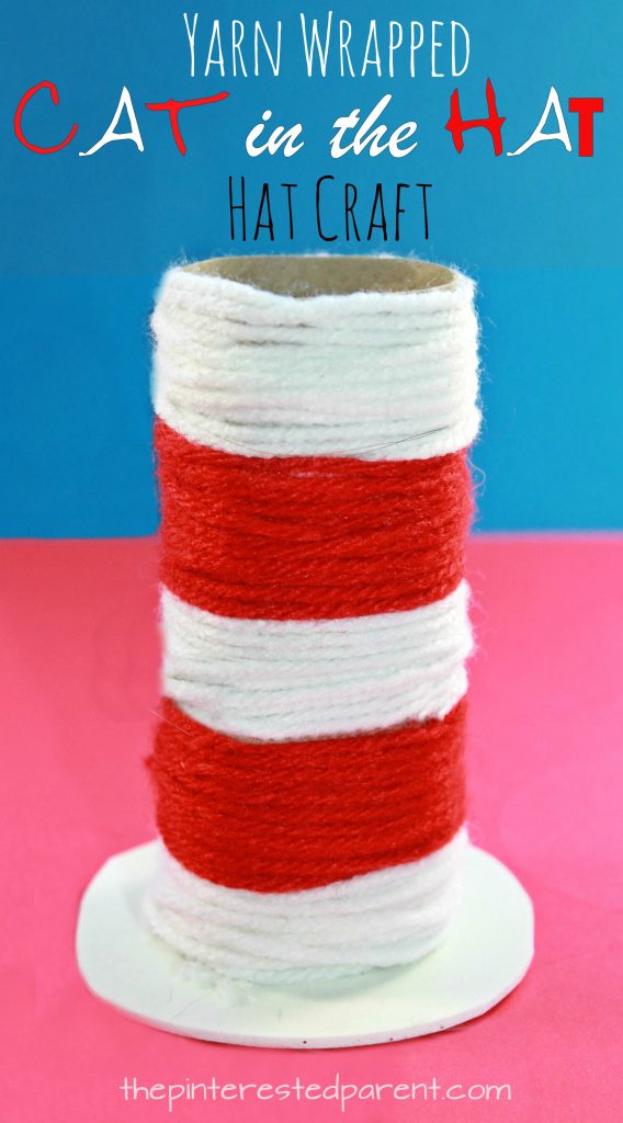 Toilet paper tube Dr. Seuss hat. Recycle cardboard rolls wrap with yarn for an easy Cat in the Hat inspired arts and craft project for the kids. A great fine motor activity as well.