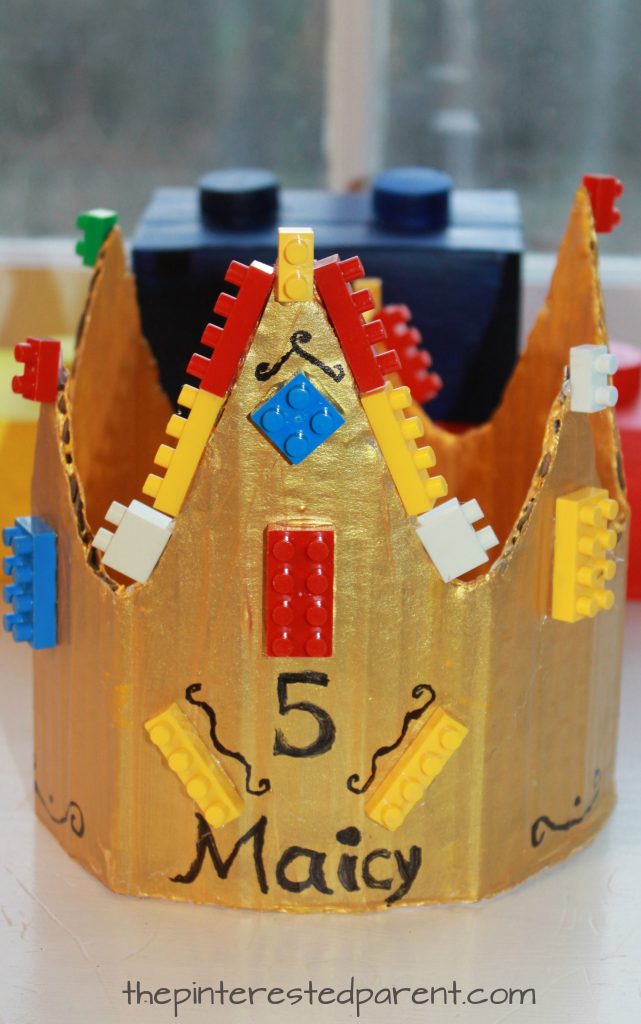 Cardboard Lego crown for a Lego themed birthday party for kids. Recyclables, arts and crafts