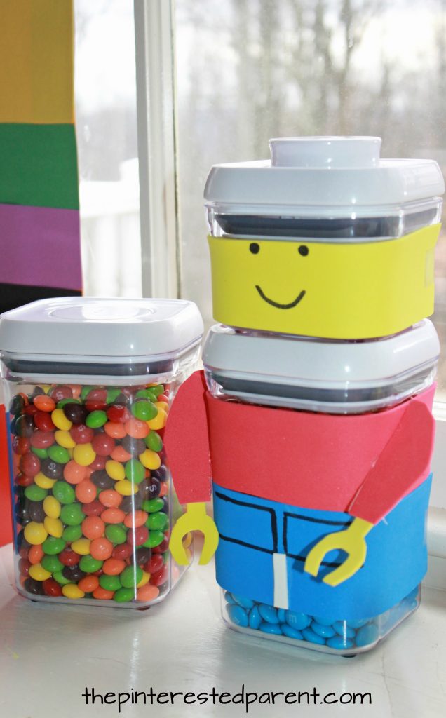 Lego man candy holder for Lego themed birthday party. Kid's food and dessert table - party ideas, decorations, food and activities