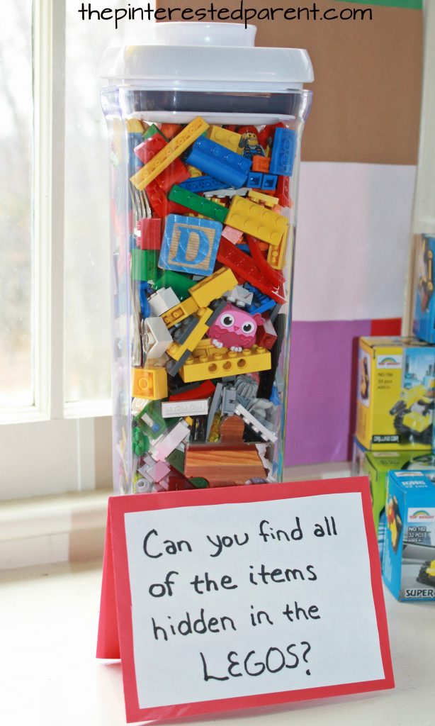 Can you find all of the items hidden in the LEgos. Party ideas for a Lego themed birthday party for kids.