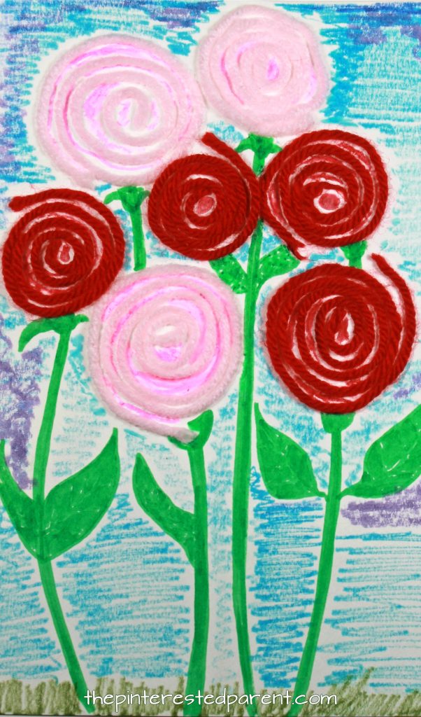 Yarn coiled roses. A great fine motor skill arts and craft idea for kids. Perfect for Valentine's Day or Mother's Day or to welcome spring flowers. Try using pipe cleaners as well.