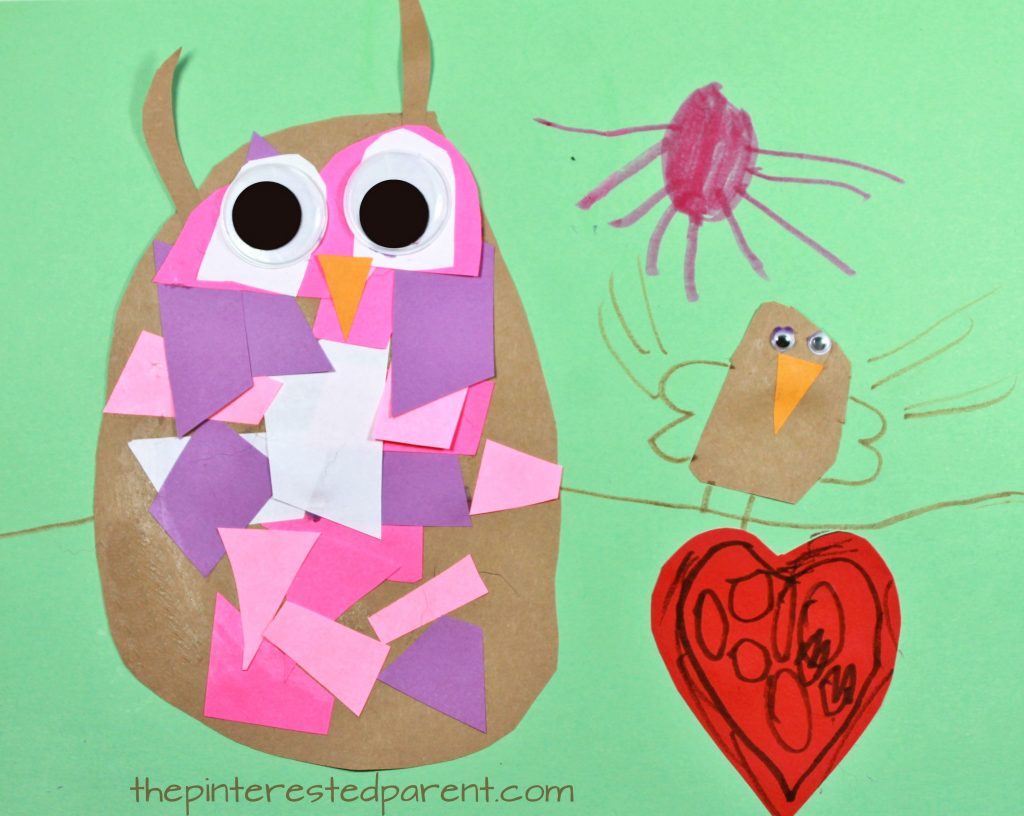 Construction paper mosaic owl craft - easy everyday arts and craft for kids and preschoolers. Great for cutting and scissor skills. Fine motor activities