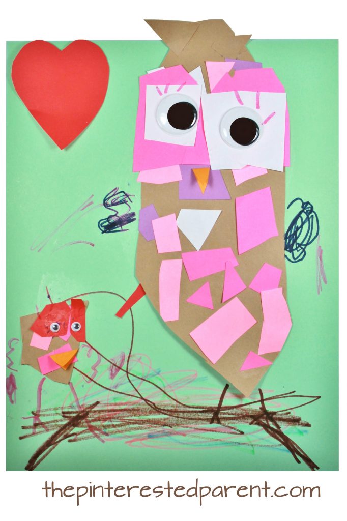 Construction paper mosaic owl craft - easy everyday arts and craft for kids and preschoolers. Great for cutting and scissor skills. Fine motor activities