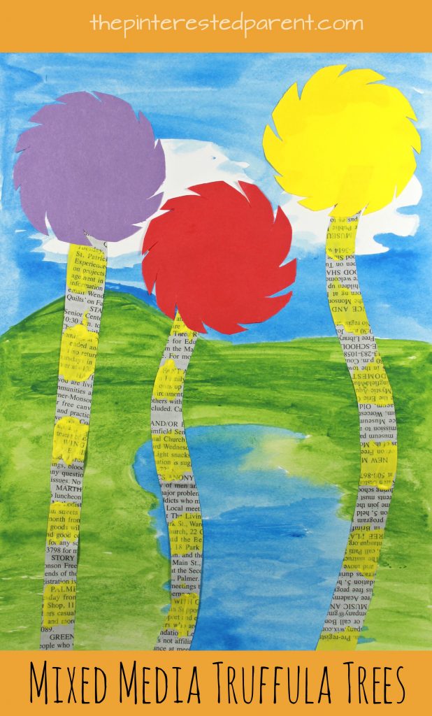 Mixed media truffula tree art inspired by Dr. Seuss' 'The Lorax'. Kid's arts and crafts,onspired by books. Earth Day crafts. Watercolor painting, newspaper, construction paper, markers