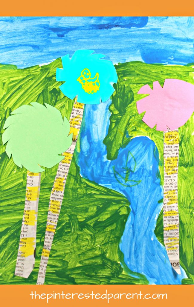 Mixed media truffula tree art inspired by Dr. Seuss' 'The Lorax'. Kid's arts and crafts,onspired by books. Watercolor painting, newspaper, construction paper, markers